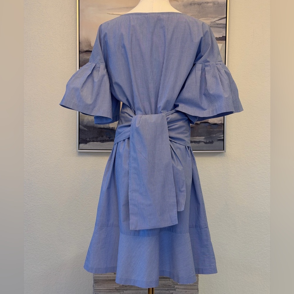 100% cotton Blue White Striped Midi Dress with Flare Sleeves - Picture 10 of 16